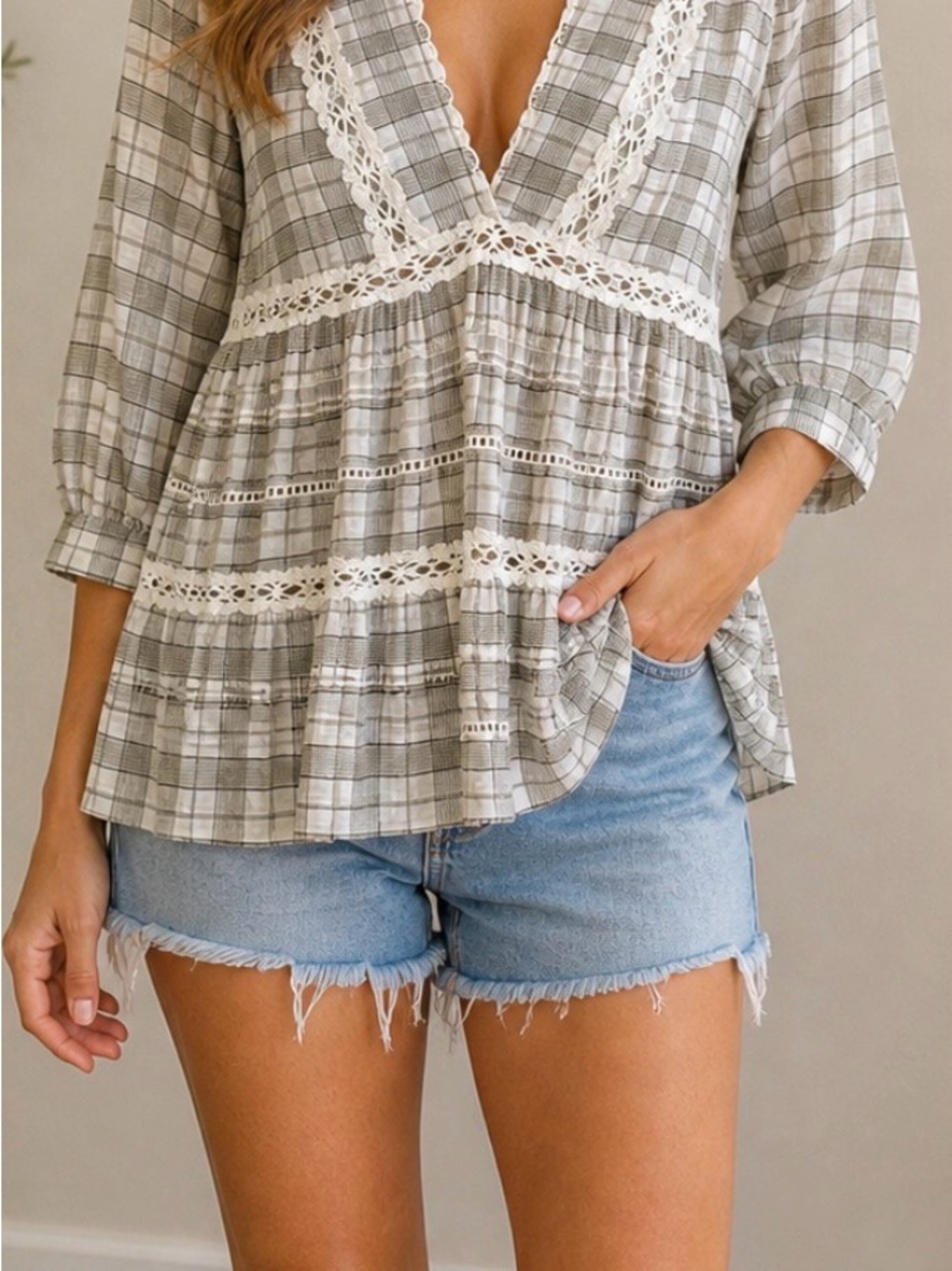 Free People Neutral Plaid Lace-Trim Peasant Top